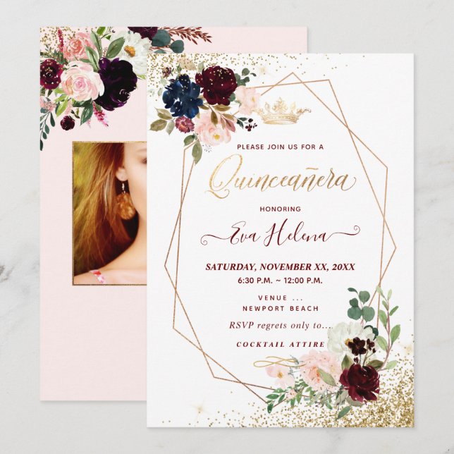 Quinceañera, Princess,  Watercolor Flowers Inbjudningar (Fram/baksida)