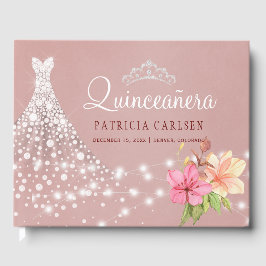 Quinceanera prinsessa diamant klänning floral rosé gästböcker