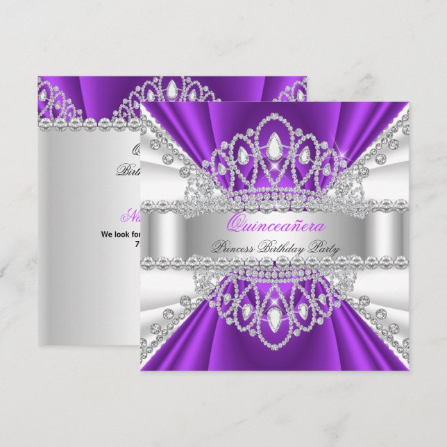 Quinceanera Prinsessa Lila Vit Diamant Tiara Inbjudningar (Fram/baksida)