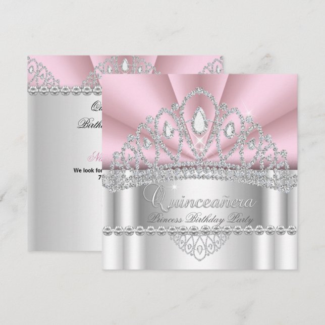 Quinceanera Prinsessa Rosa Vit Diamant Tiara Inbjudningar (Fram/baksida)