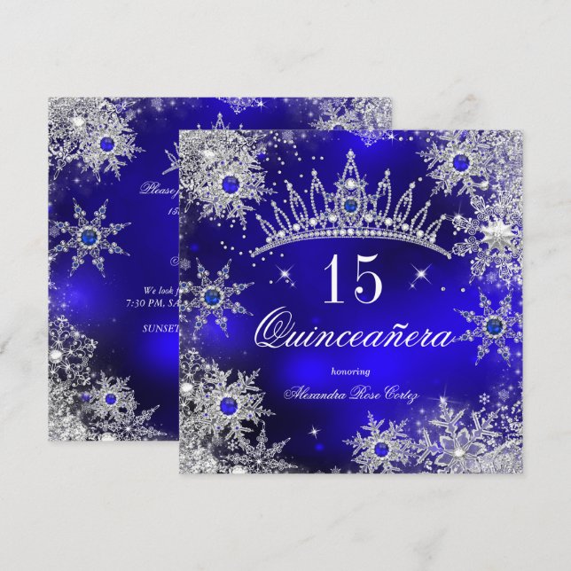 Quinceanera Prinsessa Royal Blå Snöflinga Tiara Inbjudningar (Fram/baksida)
