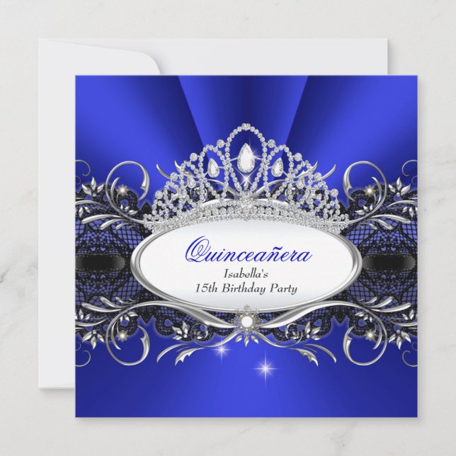 QUINCEANERA Prinsessa Royalblå Diamanttiara spets Inbjudningar (Framsida)