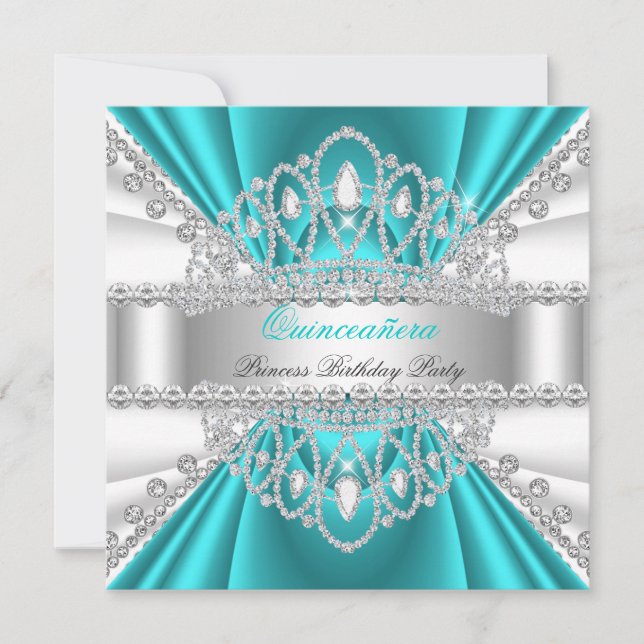 Quinceanera Prinsessa Tealblå Vit Diamant Tiara Inbjudningar (Framsida)