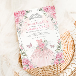 Quinceañera Prinsessklänning Rosa Silver Blommig Inbjudningar