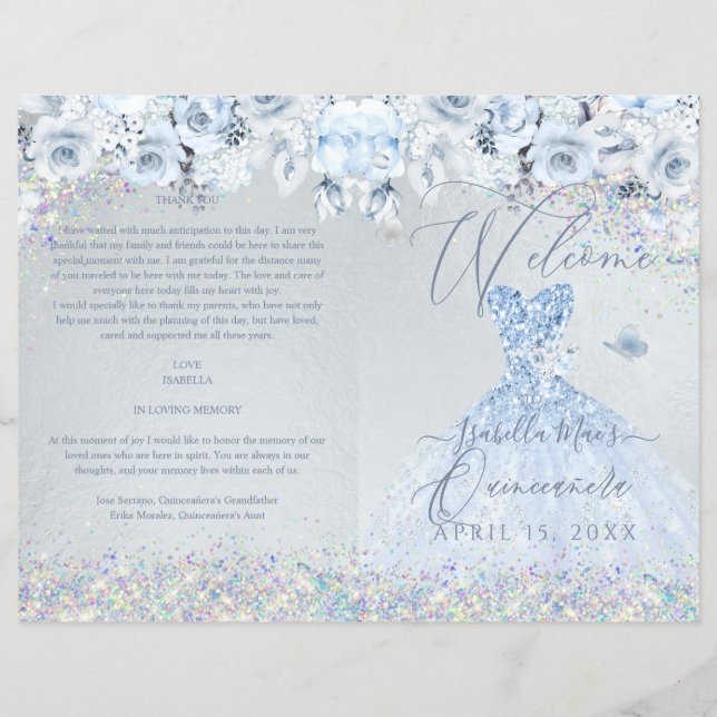 Quinceanera Program Baby Blue Blommig Glitter Klän (Framsida)