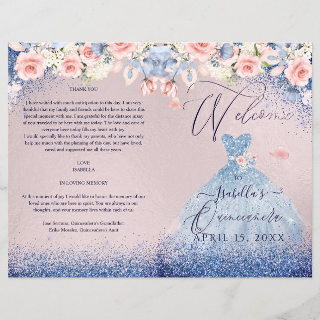 Quinceanera-program Blush Blommig Navy Glitter Klä (Framsida)