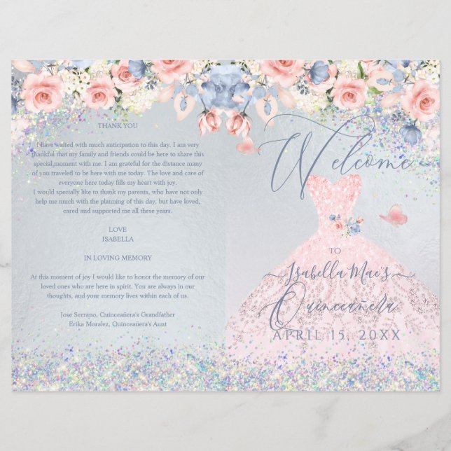 Quinceanera-program Blush Rosa Blommig Glitter Klä (Framsida)