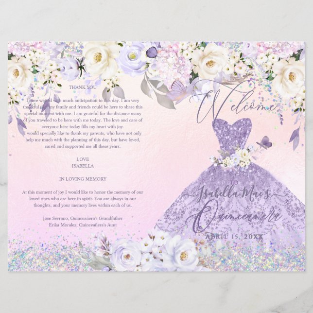 Quinceanera-program H2 Dammlila lila klänning (Framsida)