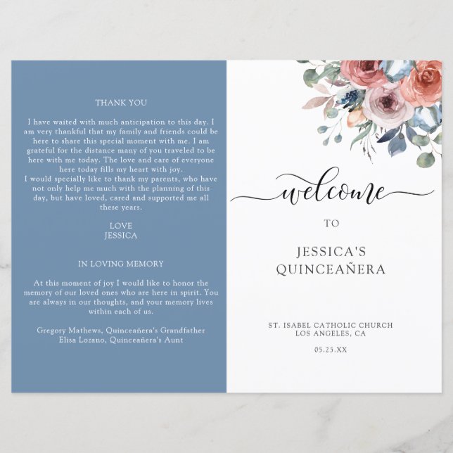 Quinceanera-programmet för blå och  Blommigt (Framsida)