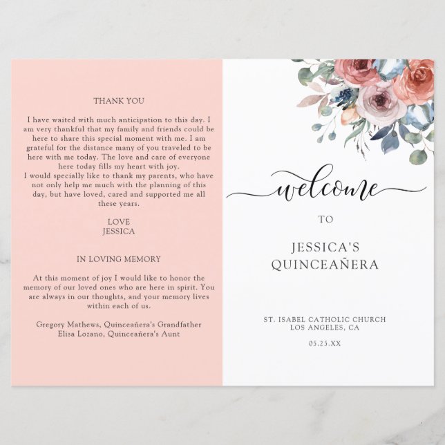 Quinceanera-programmet för  och blå Blommigt (Framsida)