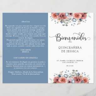 Quinceanera-programmet för spanska, blå och Blomm