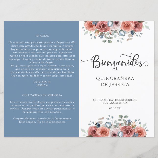 Quinceanera-programmet för spanska, blå och  Blomm (Framsida)