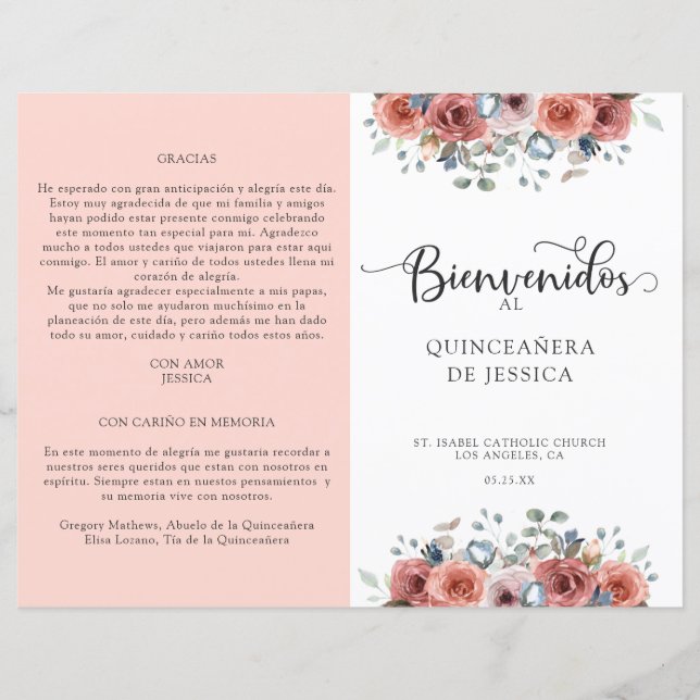 Quinceanera-programmet för spanska,  och blå Blomm (Framsida)