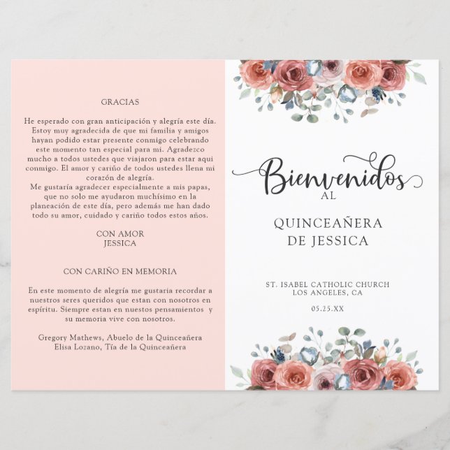 Quinceanera-programmet för spanska,  och blå Blomm (Framsida)