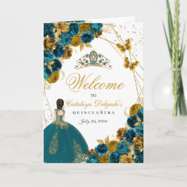 Quinceanera-programmet Teal & Guld Butterfly Quinc Inbjudan