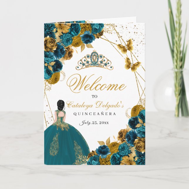 Quinceanera-programmet Teal & Guld Butterfly Quinc Inbjudan (Framsida)