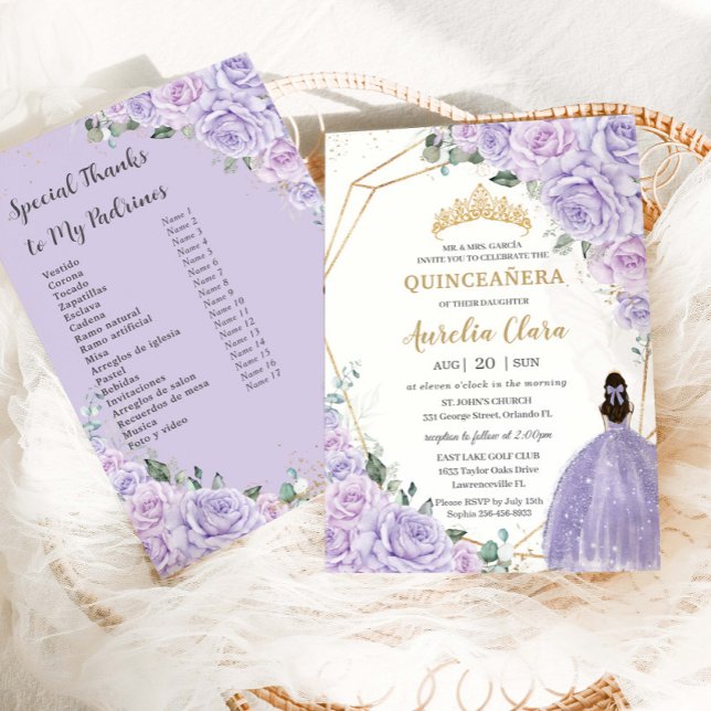 Quinceanera Purple Lilac Floral Padrinos List Inbjudningar (Skapare uppladdad)
