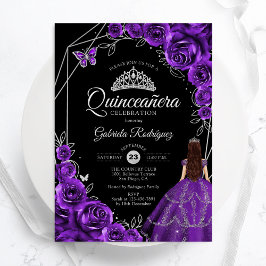 Quinceanera Purple Silver Butterfly Dress Floral Inbjudningar