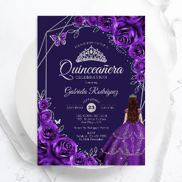 Quinceanera Purple Silver Dress Floral Inbjudningar