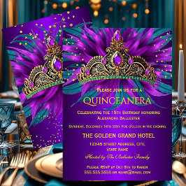 Quinceanera Purple Teal Blue Tiara Birthday Party Inbjudningar
