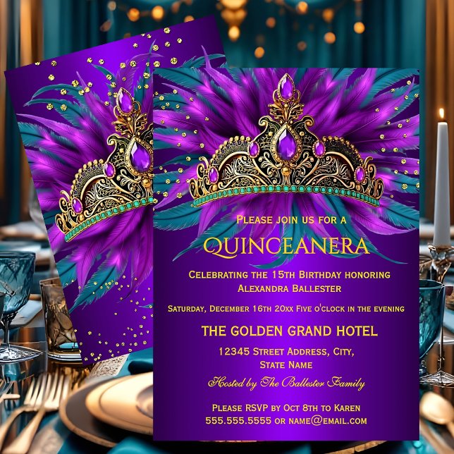 Quinceanera Purple Teal Blue Tiara Birthday Party Inbjudningar (Skapare uppladdad)