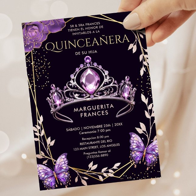 Quinceañera Purple Tiara Floral Butterfly Spanska Inbjudningar (Skapare uppladdad)