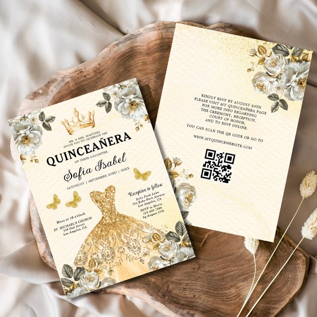 Quinceanera QR Code Blommigt Guld Princess Inbjudningar (Skapare uppladdad)
