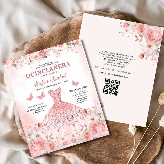 Quinceañera QR-koden  Rosa ros-Blommigten Flygblad (Skapare uppladdad)