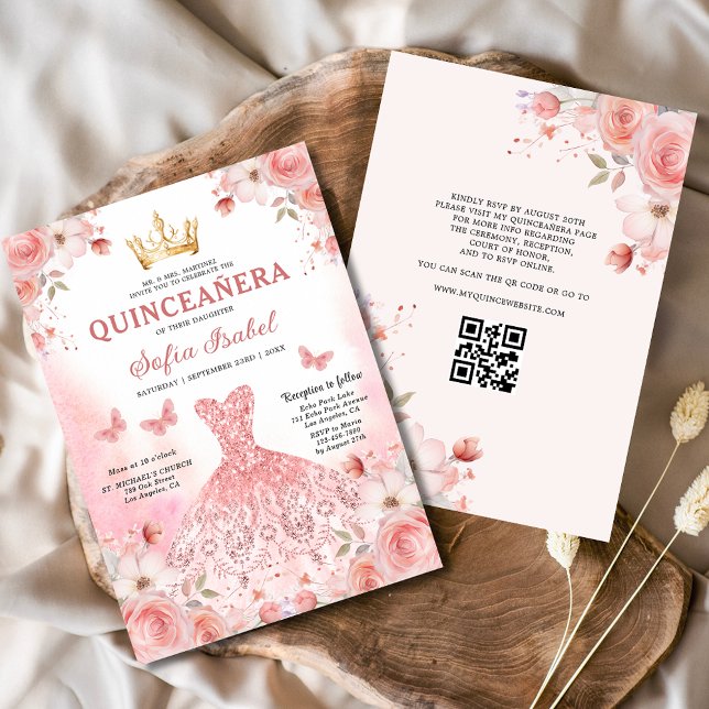 Quinceañera QR-koden  Rosa ros-Blommigten Inbjudningar (Skapare uppladdad)