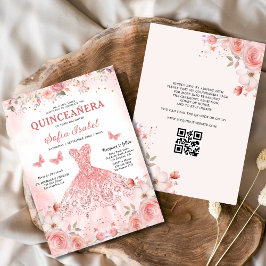 Quinceañera QR-koden  Rosa ros-Blommigten Inbjudningar