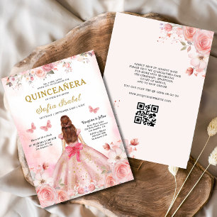 Quinceañera QR-koden Rosa ros-Blommigten Inbjudningar