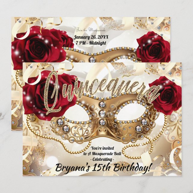 Quinceañera Quince Cream Guld MasqueraParty Inbjudningar (Fram/baksida)
