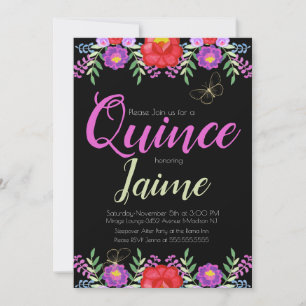Quinceanera Quince Vattenfärg Blommig Rosa Svart Inbjudningar
