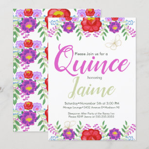 Quinceanera Quince Vattenfärg Blommig Rosa Vit Inbjudningar