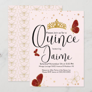 Quinceanera Quince Vattenfärg Fjärilar Rosa Röd Inbjudningar
