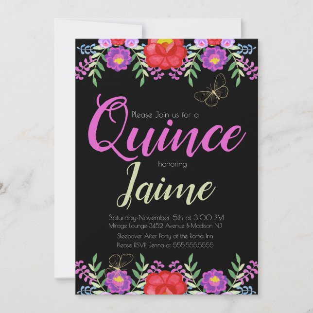 Quinceanera Quince Watercolor Blommigt Rosa Black Inbjudningar (Framsida)