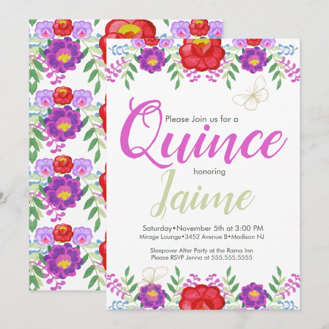 Quinceanera Quince Watercolor Blommigt Rosa White Inbjudningar (Fram/baksida)