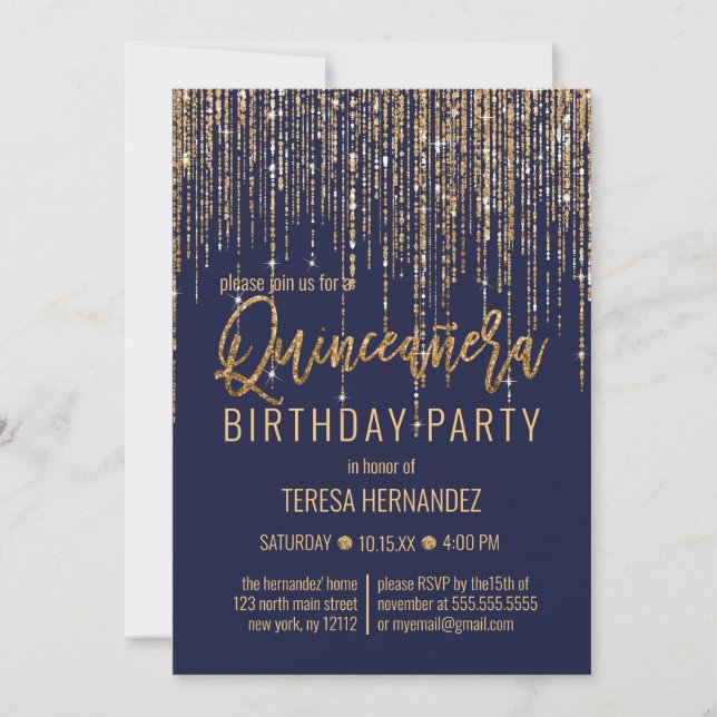 Quinceañera Quinceañera (nyblå Guld) Inbjudningar (Framsida)