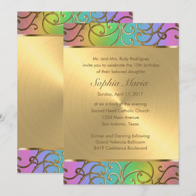 Quinceanera Rainbow och Guld Filigree Swirls Inbjudningar (Fram/baksida)