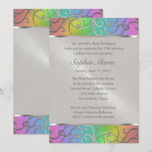 Quinceanera Rainbow och Silver Filigree Swirls Inbjudningar