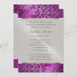 Quinceanera Raspberry och Silver Filigree Swirls Inbjudningar