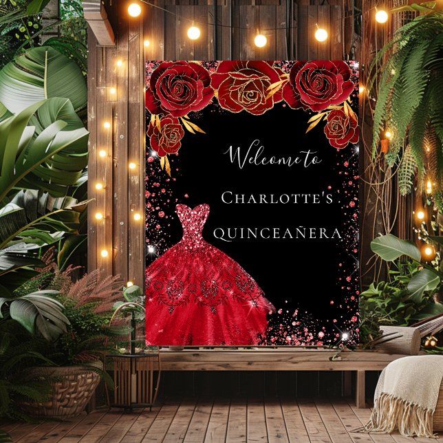 Quinceanera Red Black blommigts välkommen Poster (Skapare uppladdad)