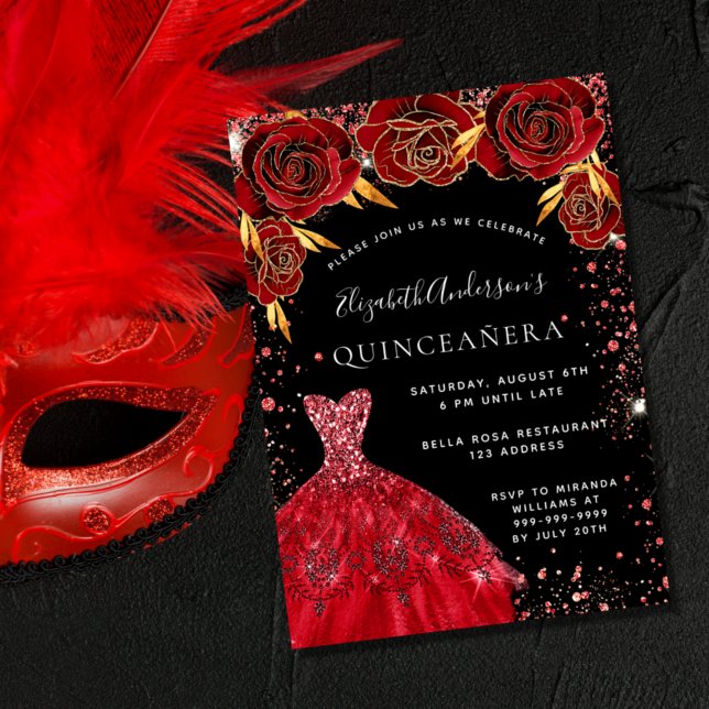 Quinceanera Red Black glitter dress blommigt Inbjudningar (Skapare uppladdad)