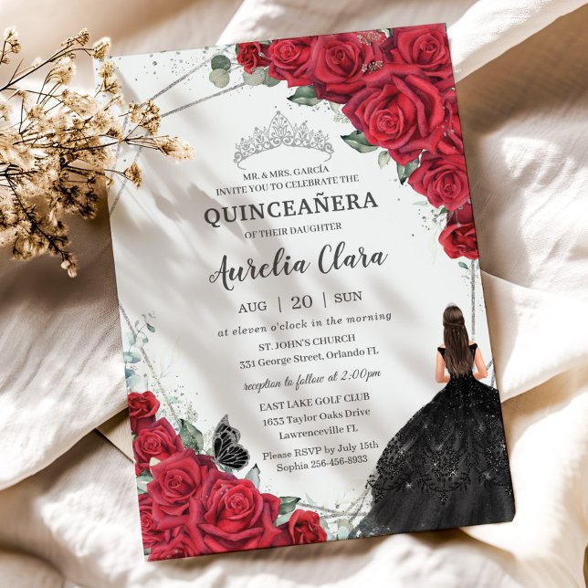 Quinceañera Red Blommigt Black Dress Silver Krona Inbjudningar (vibrant red roses floral black dress brunette girl silver geometric princess crown quinceanera card)