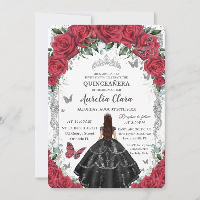 Quinceañera Red Blommigt Black Dress Vintage Silve Inbjudningar (Framsida)