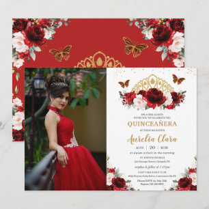 Quinceañera Red Blommigt Butterflies Krona Inbjudningar