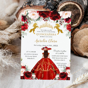 Quinceañera Red Blommigt Charro Guld Horses Inbjudningar
