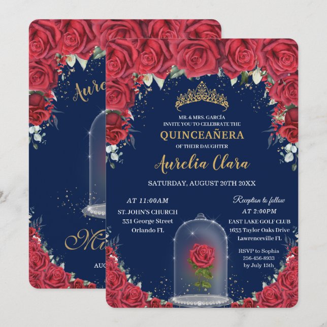Quinceañera Red Blommigt Enchanted Ro Navy Blue Inbjudningar (Fram/baksida)