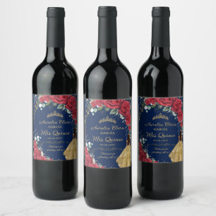 Quinceañera Red Blommigt Enchanted Ro Navy Blue Vinflaska Etikett