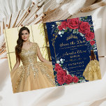 Quinceañera Red Blommigt Enchanted Ro Navy Photo Spara Datumet<br><div class="desc">Om du anpassar det här vackra ro bild sparar du datumet enkelt och snabbt, trycker du helt enkelt på knappen Redigera med Design Verktyg för att ytterligare ordna om och formatera stil och placera texten. En Quinceañera-flicka i en guldfärgad gult boll, med en marin blå bakgrund med elegant guld accents...</div>